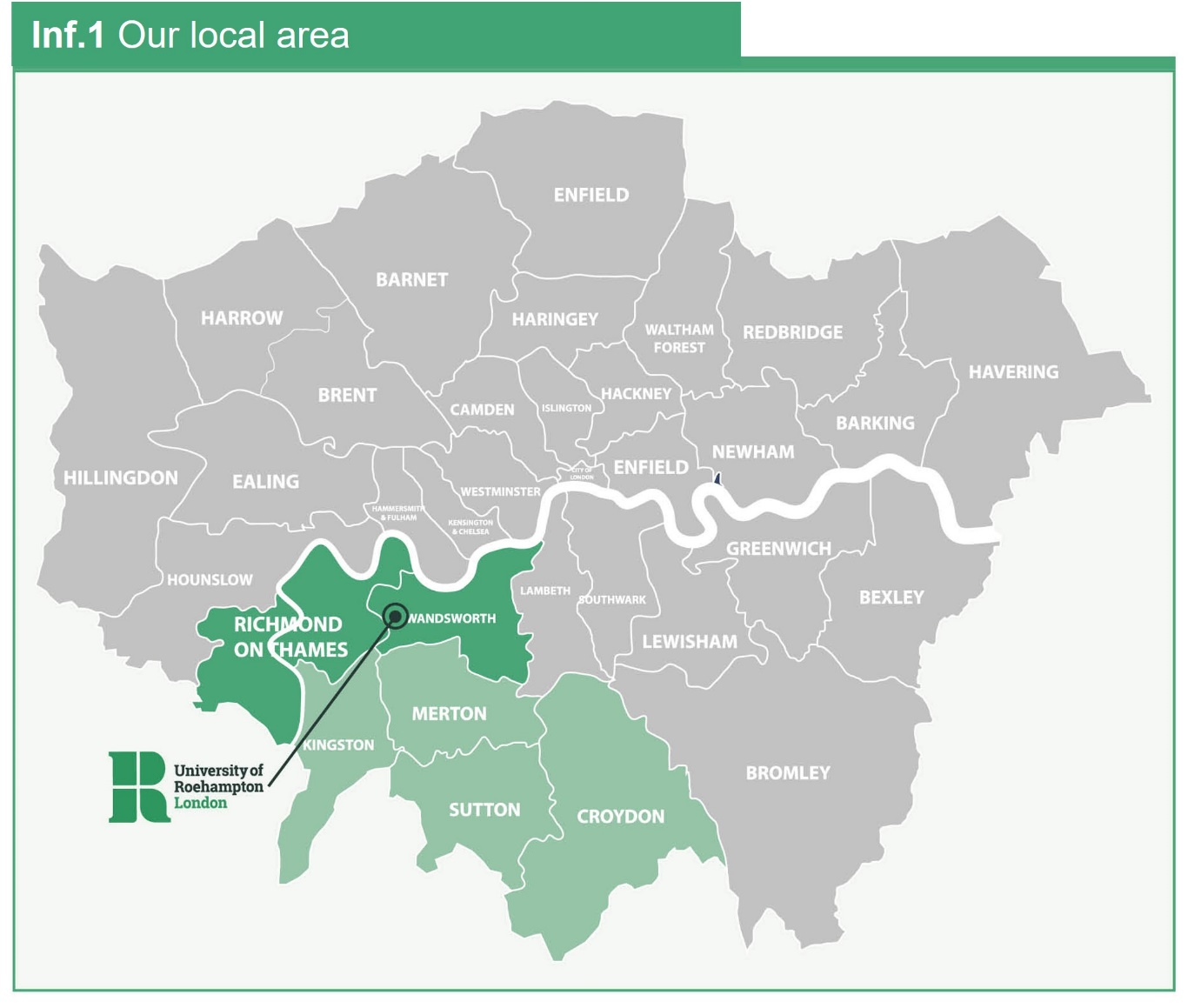 Map showing Roehampton's geographic position within the South London sub-region