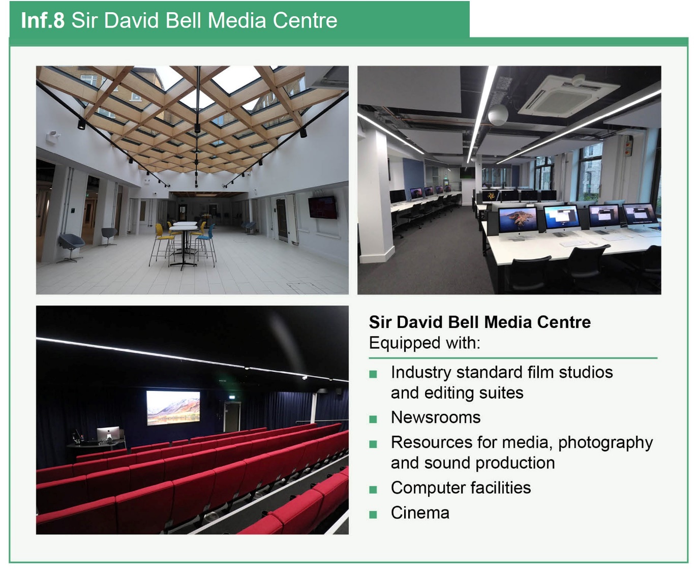 Infographic showing the facilities of the Sir David Bell Media Centre, including a description the technology and equipment available.