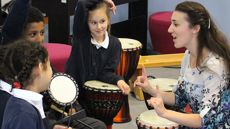 School children in a percussion session led by the Museum's Outreach Officer
