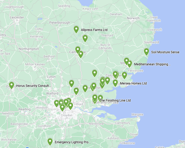 Map pinpointing the 40+ active Knowledge Transfer Partnerships with the University of Essex across the Eastern region, London and beyond.