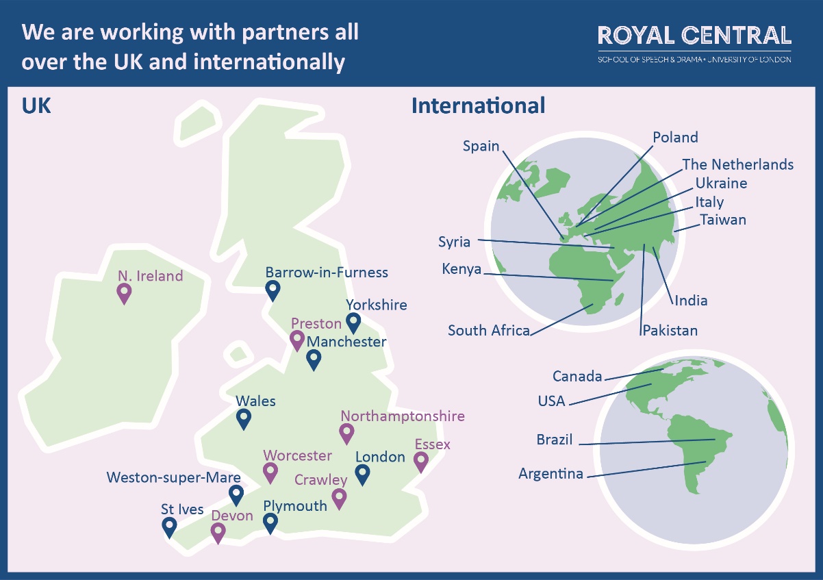 Text reads We are working with partners all over the UK and internationally. An infographic featuring a map of the UK on the left with with two additional maps in circles on the right showing parts of the world. Marked on the UK map are Northern Ireland, Barrow-in-Furness, Yorkshire, Preston, Manchester, Wales, Worcester, Weston-super-Mare, St Ives, Devon, Plymouth, Crawley, London, Essex and Northamptonshire. Marked on the top world map are Spain, Syria, Kenya, South Africa, Pakistan, India, Taiwan, Italy, Ukraine, The Netherlands and Poland. Marked on the bottom world map are Canada, USA, Brazil and Argentina.