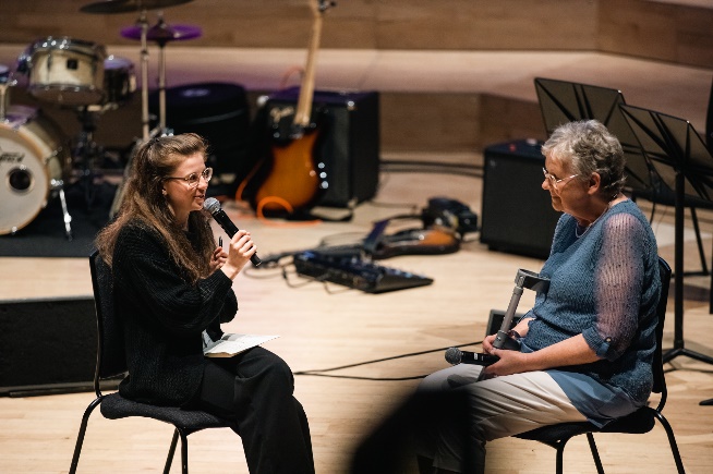 RNCM student interviewing a person living with Parkinson's as part of RNCM Playlist for Parkinson's Live concert.