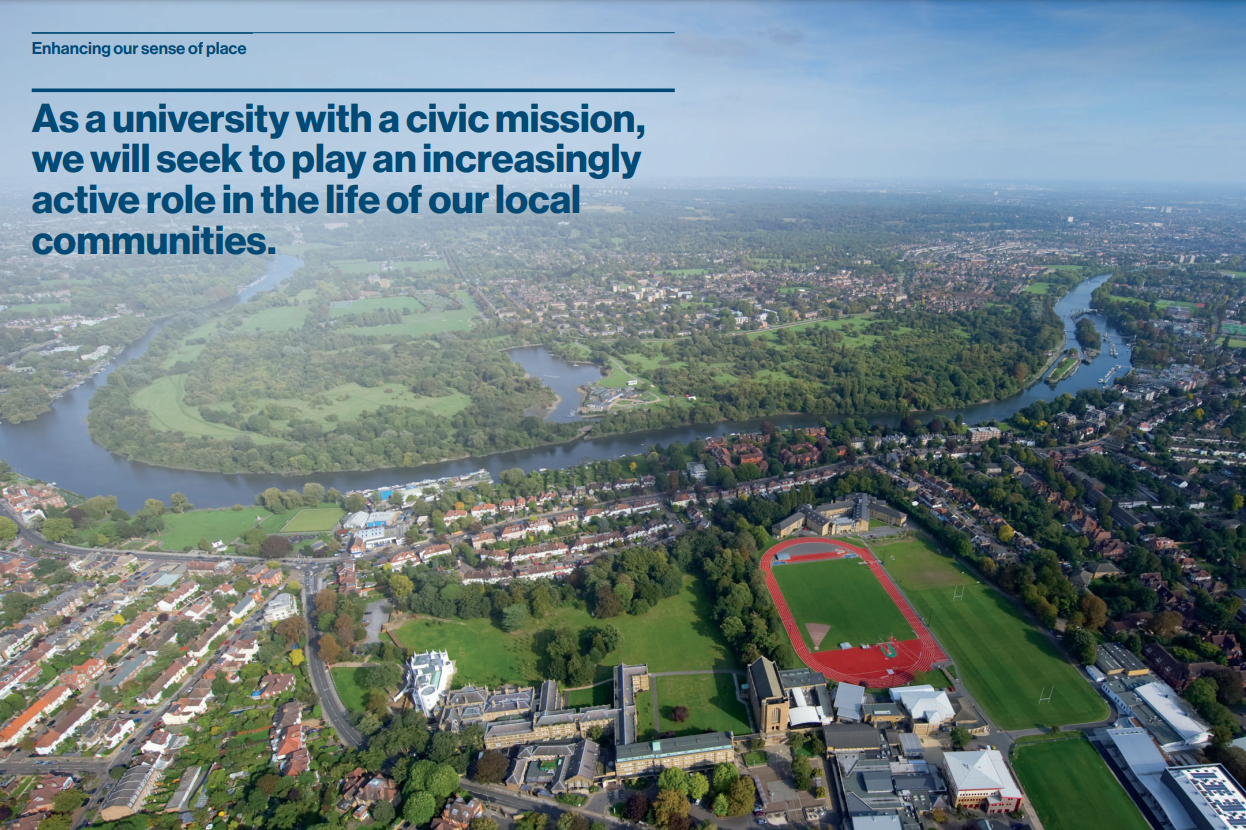 Aerial photograph of St Mary's campus and its sports facilities. Title says "As a university with a civic mission, we will seek to play an increasingly active role in the life of out local communities.