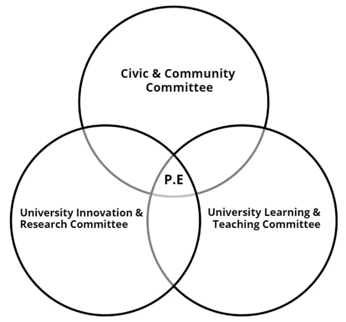 Figure 1. Venn diagram illustrating the overarching umbrella of the Civic and Community Committee and the three governance pathways to UoD's Public and Community Engagement: the Civic & Committee; University Innovation & Research Committee and the University Learning & Teaching Committee.