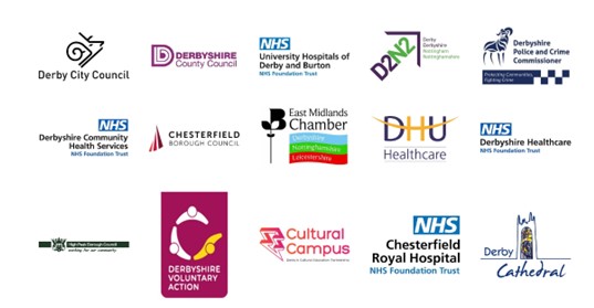 15 logos illustrating the signatories to the University's Civic Agreement including: Derby City Council, Derbyshire County Council, University Hospitals of Derby and Burton, D2N2 LEP, Derbyshire Police and Crime Commissioner, Derbyshire Community Health Services, Chesterfield Borough Council, East Midlands Chamber, DHU Healthcare, Derbyshire Healthcare, High Peak Borough Council, Derbyshire Voluntary Action, Cultural Campus, Chesterfield Royal Hospital NHS Trust, Derby Cathedral.