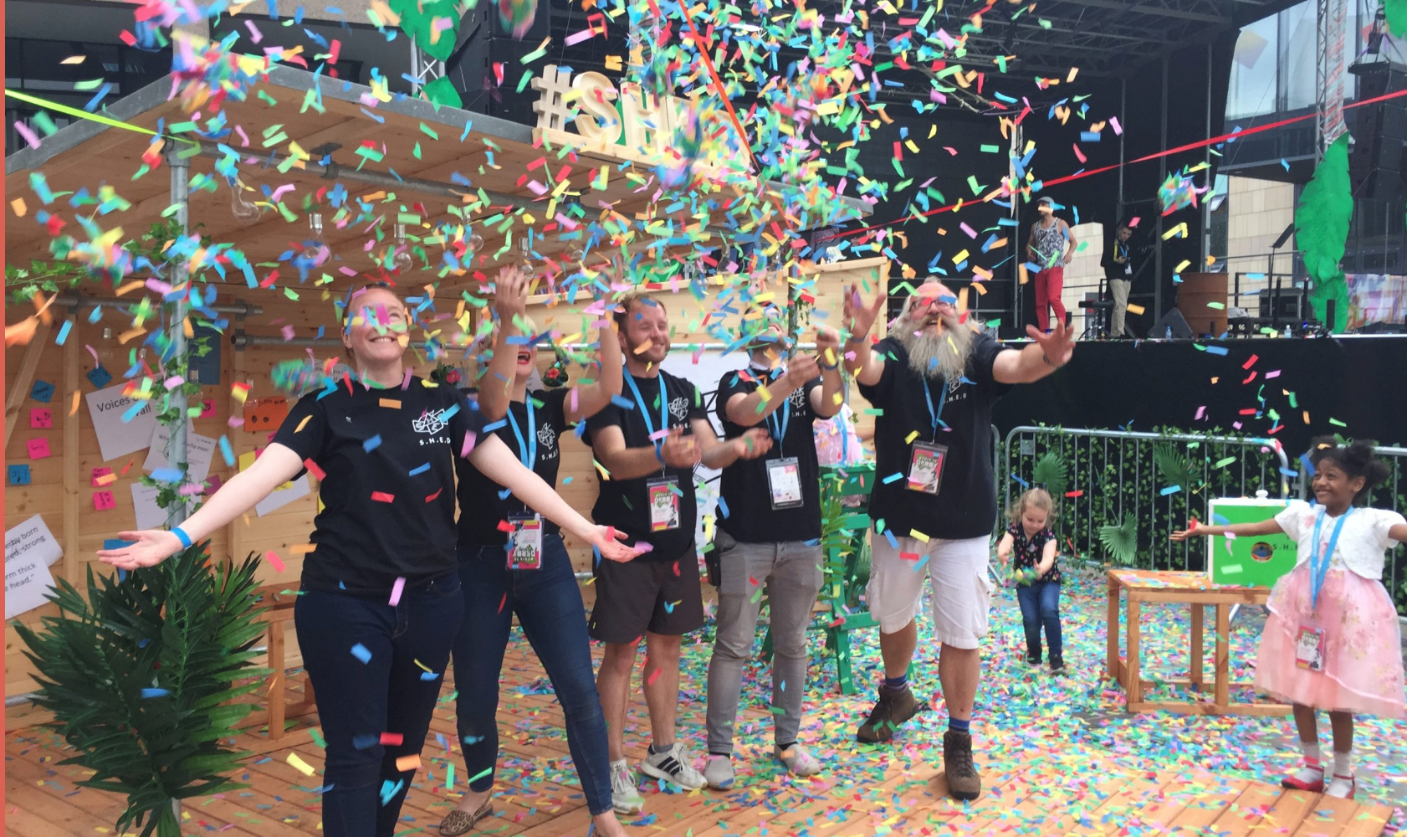 Photograph of S.H.E.D team and members of the public as part of 'This Is Derby' project.