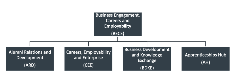 BECE's 4 pillars Alumni Relations and Development, Careers Employability and Enterprise, Business Development and Knowledge Exchange and Apprenticeships.