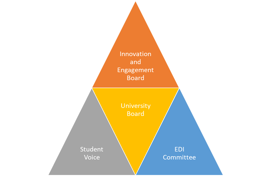 Public Engagement Governance Groups 4 gorups / boards support the governance of this activty. The University Board, Innovation and Engagement Board, Student Voice and EDI Committee.