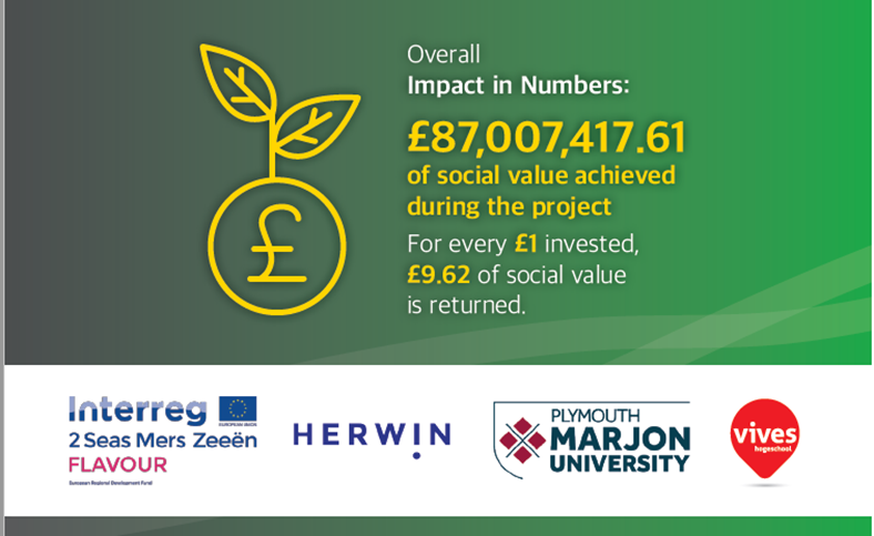 Overall Social Value of the Flavour Project. Infographic shows that for every £1 invested £9.62 of social value was returned.